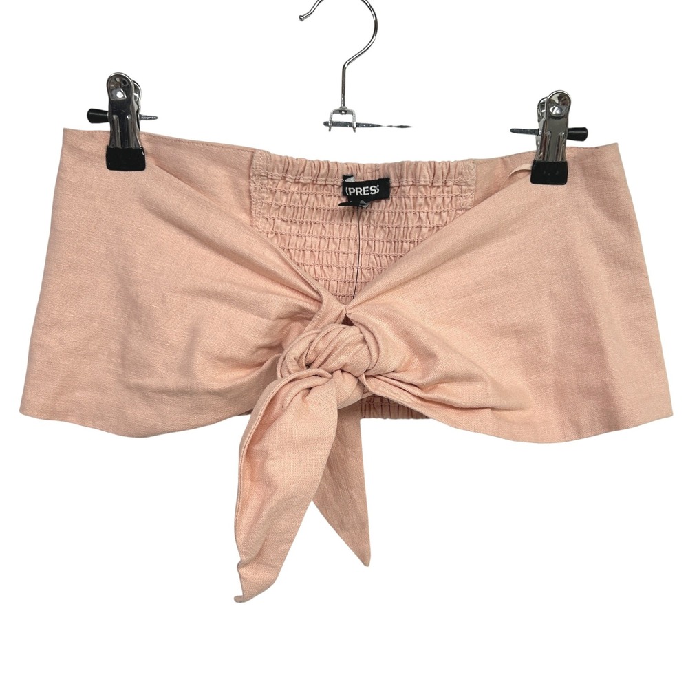 Coquette Off Shoulder Linen Blend Crop Top Womens S‎ Blush Pink Tie Front